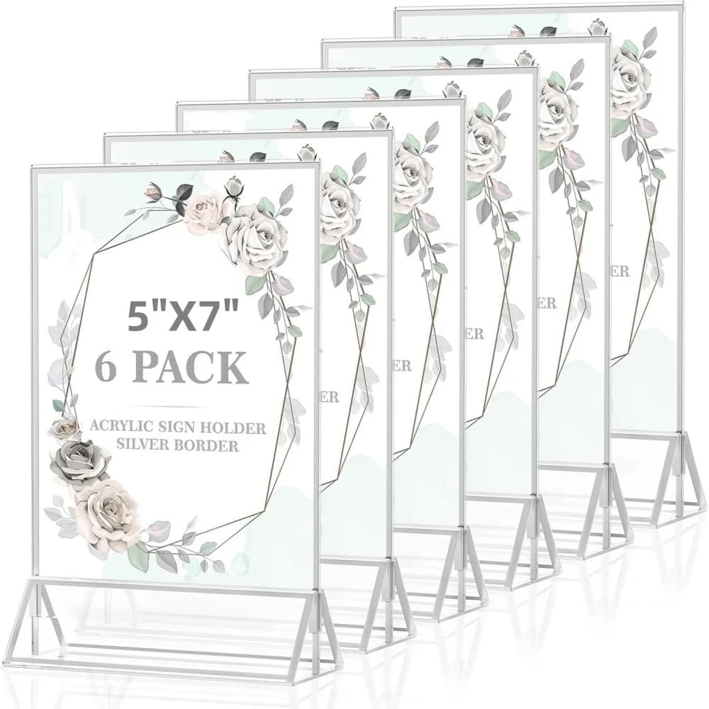 6 Pack Acrylic Sign Holder 5x7 Double-Sided Silver Picture Frames Clear Menu Wedding Table Number Photo Frame Flyer Holder
