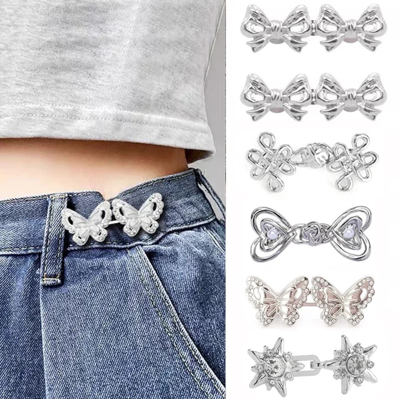 Kit di regolazione del tenditore della vita dei jeans da 2 pezzi, senza sforzo, senza cuciture, bottoni regolabili in argento adatti su jeans e pantaloni larghi