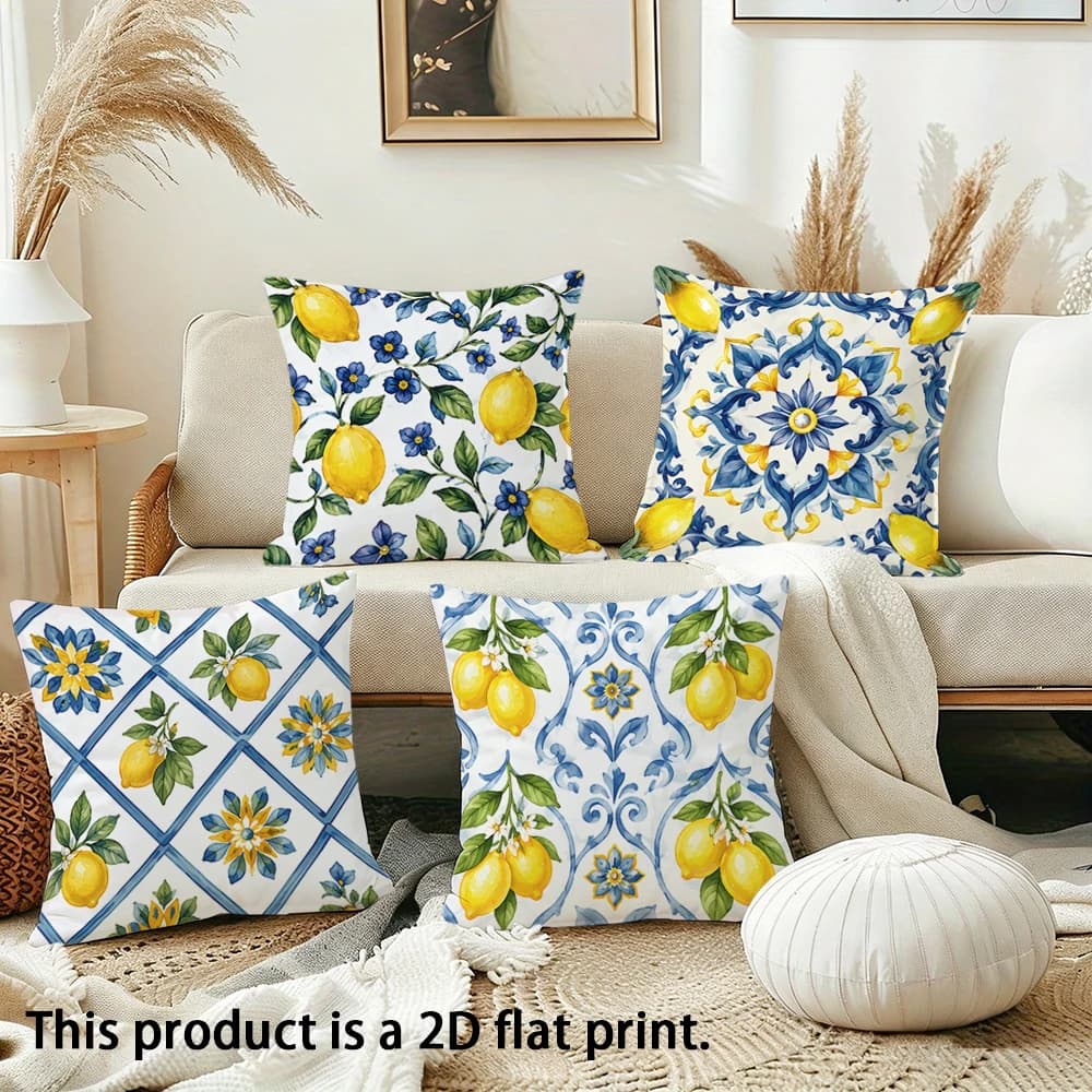 1pc Mediterranean Lemon Tile Print Throw Pillow Covers, Summer Coastal Cushion Cases for Sofa Bedroom Patio
