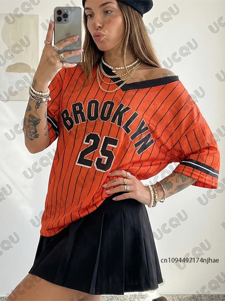 New Summer Righe T-shirt with Brooklyn Print No.25 for Women, V-neck, Short Sleeve, Soccer Sports Jersey, Y2K Style, Oversize
