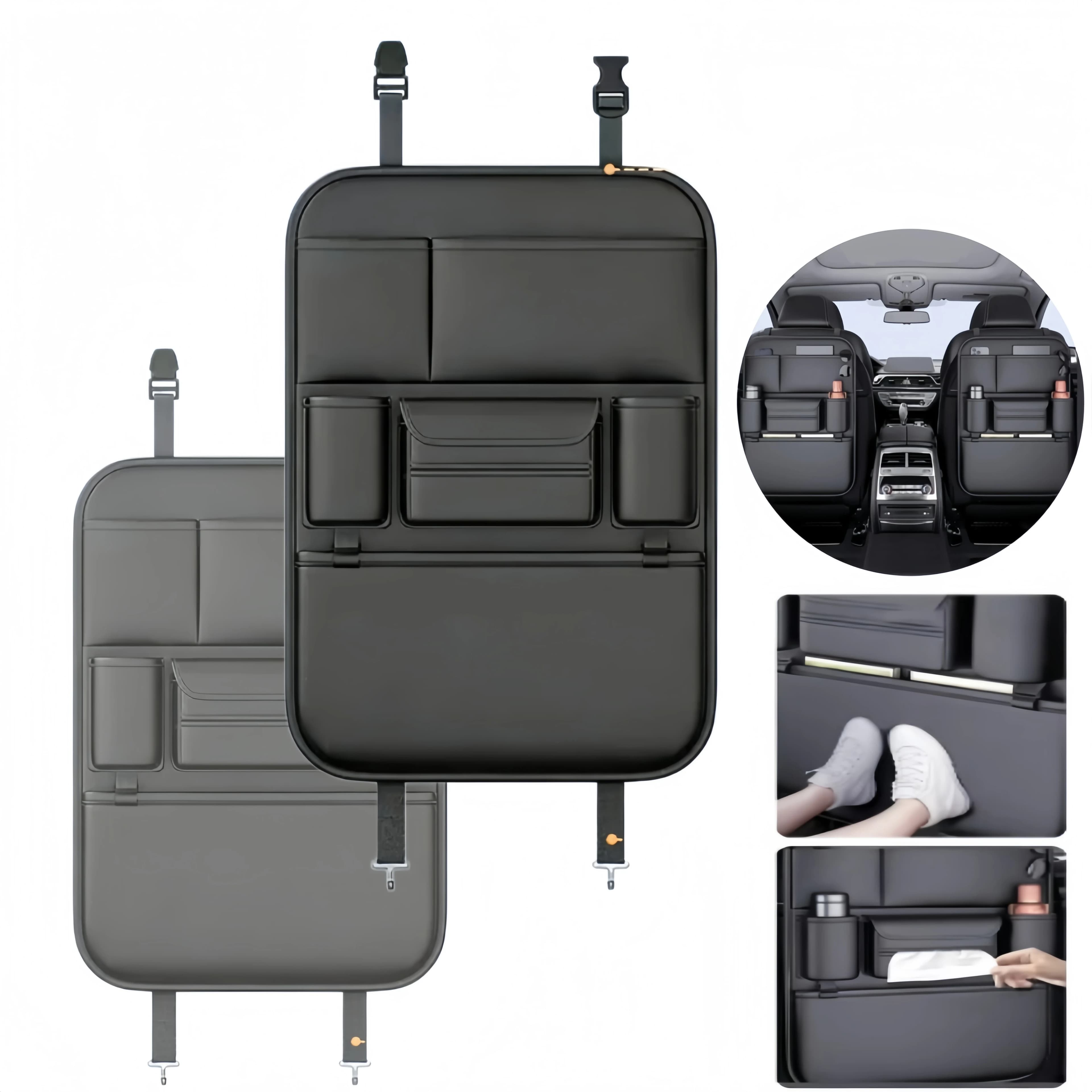 Car Seat Back Storage Bag Multi Pocket Leather Waterproof Anti Kick Pad Tissue Cup Holder Wear Resistant Organizer for Suv Auto