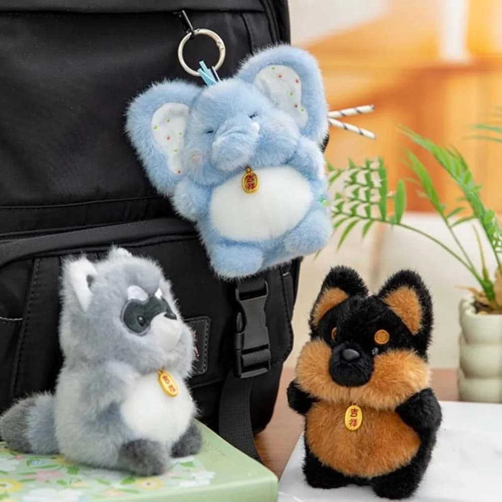 Portachiavi in Peluche a Forma di Animale Cartone Animato, Morbido Ciondolo in Poliestere Gatto Cane Elefante Coccodrillo Scimmia, Charm per Borsa