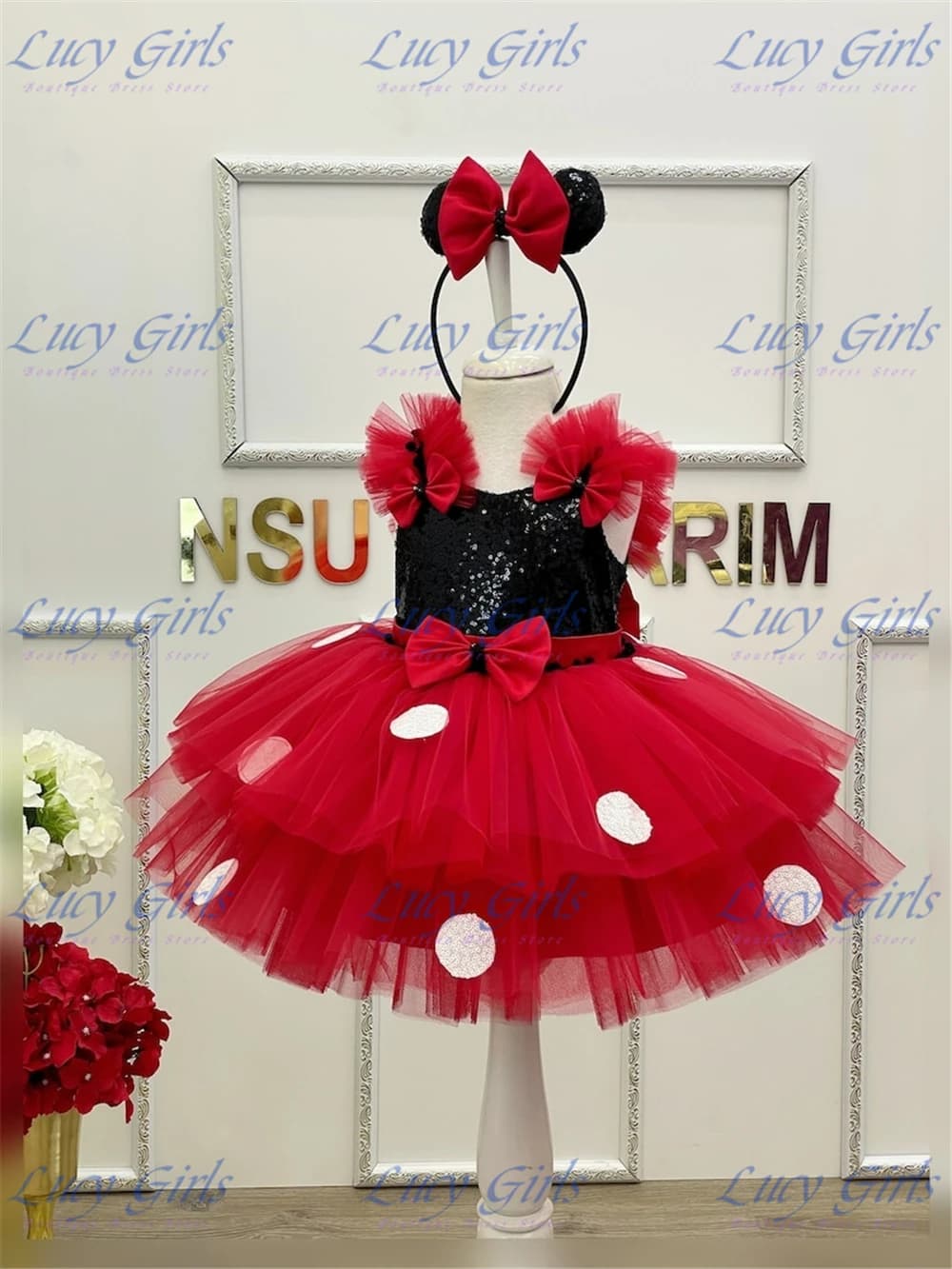 Abito da ragazza di fiore rosso per bambine, tulle, soffice applique bianca a strati per abiti da ballo per feste di compleanno per bambini, matrimonio principessa