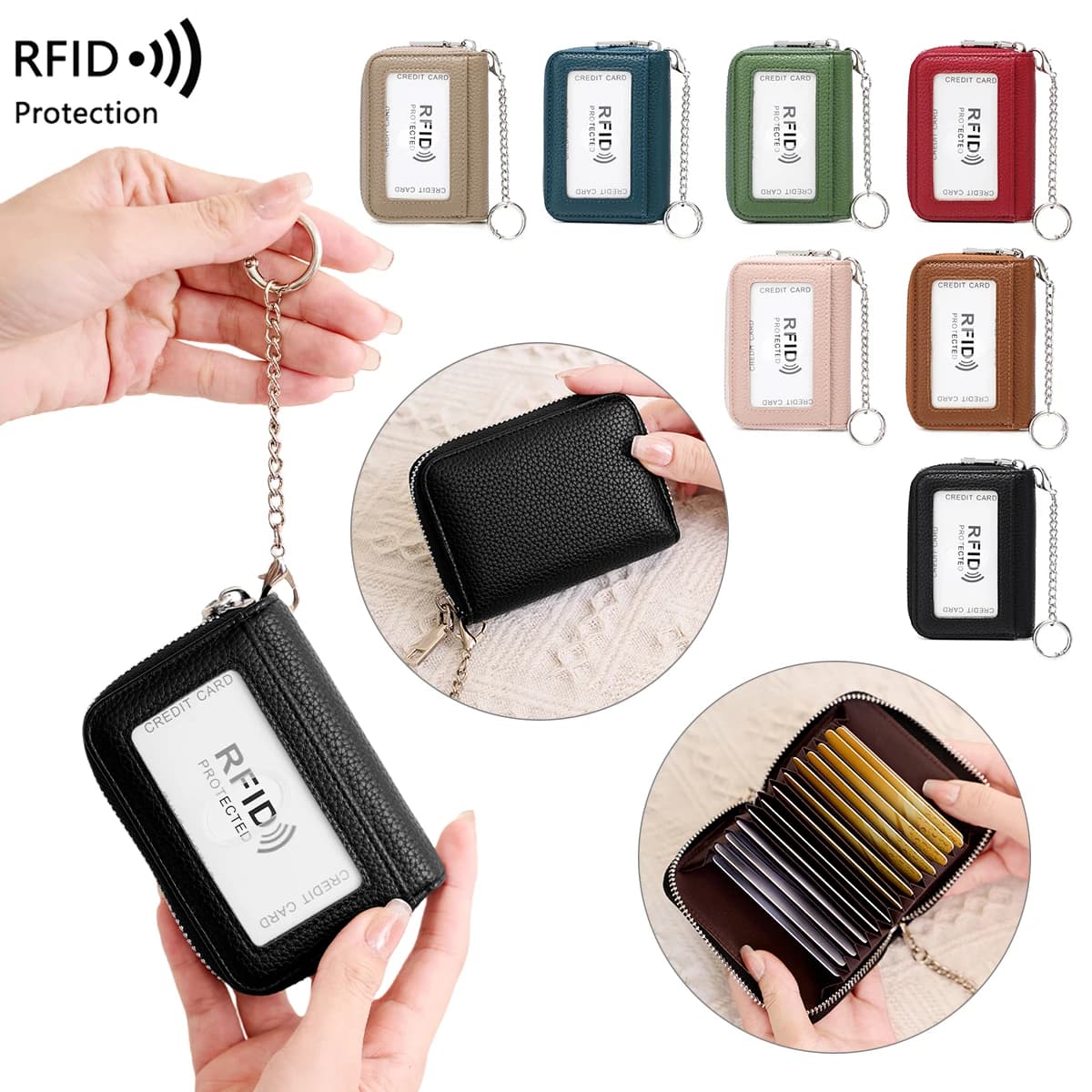 Portafoglio universale con blocco RFID con portachiavi a catena - Borsa per carte di credito con cerniera piccola Porta carte portamonete per uomo e donna