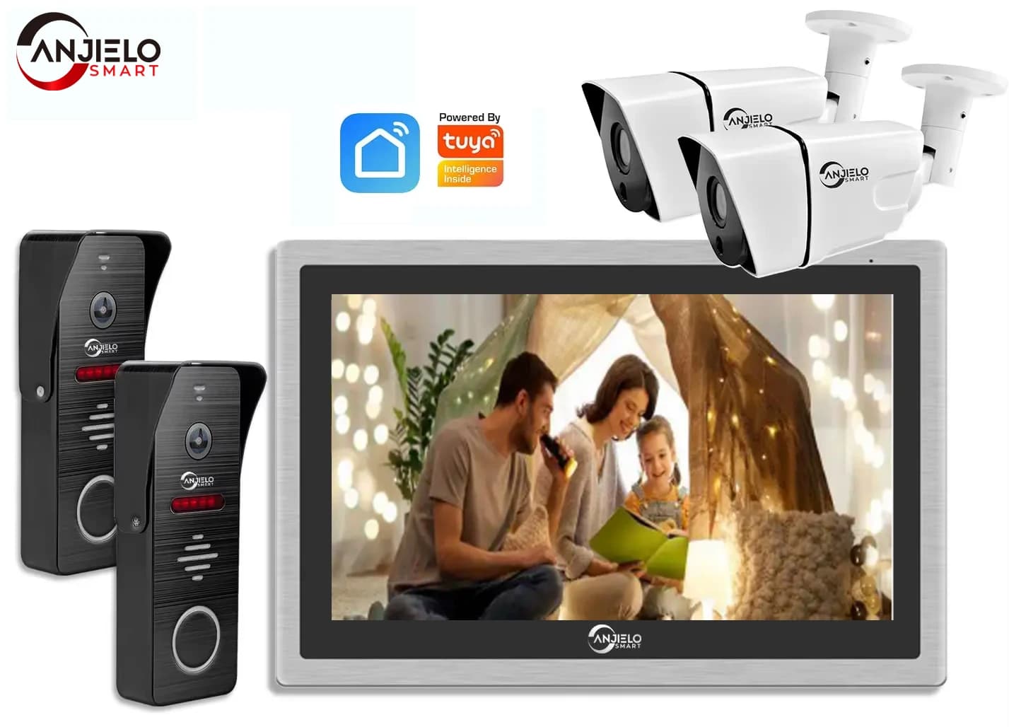 ANJIELO Tuya Smart Video Doorbell Intercom 1080P con Schermo Touch da 10 Pollici, Telecamera di Sicurezza 4CH IDVR per Appartamenti e Domotica