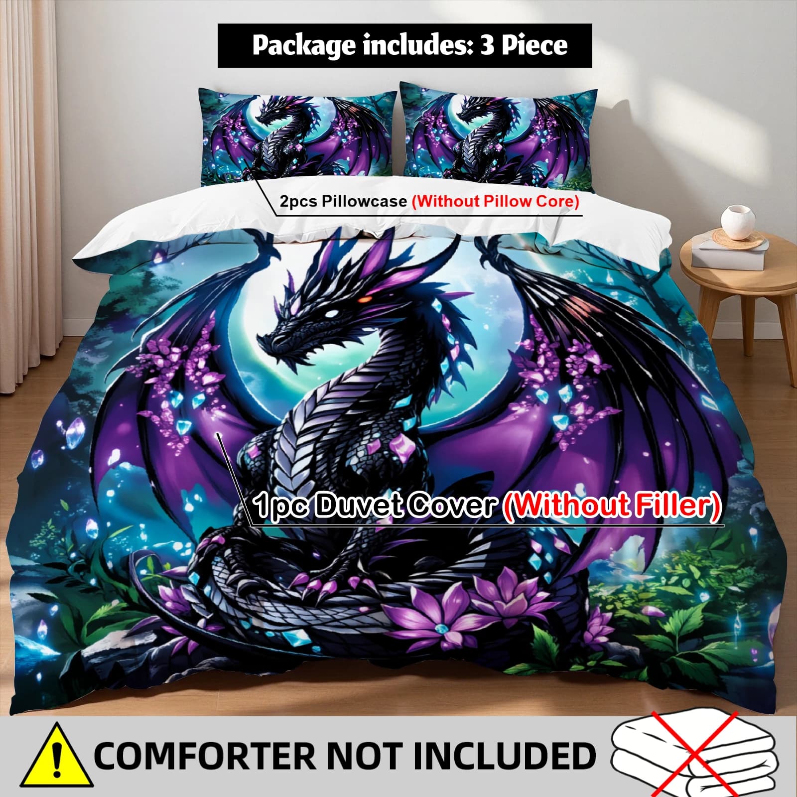 Set copripiumino con drago di cristallo viola, set biancheria da letto con creature mitologiche fantasy per gli amanti della fantasia, camera da letto, misura Twin Queen King