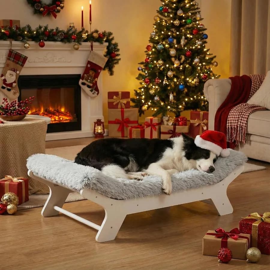 Letto per cani rialzato con struttura in legno e rivestimento lavabile in bianco per cani di piccola taglia a media fino a 50 libbre Ideale per interni ed esterni