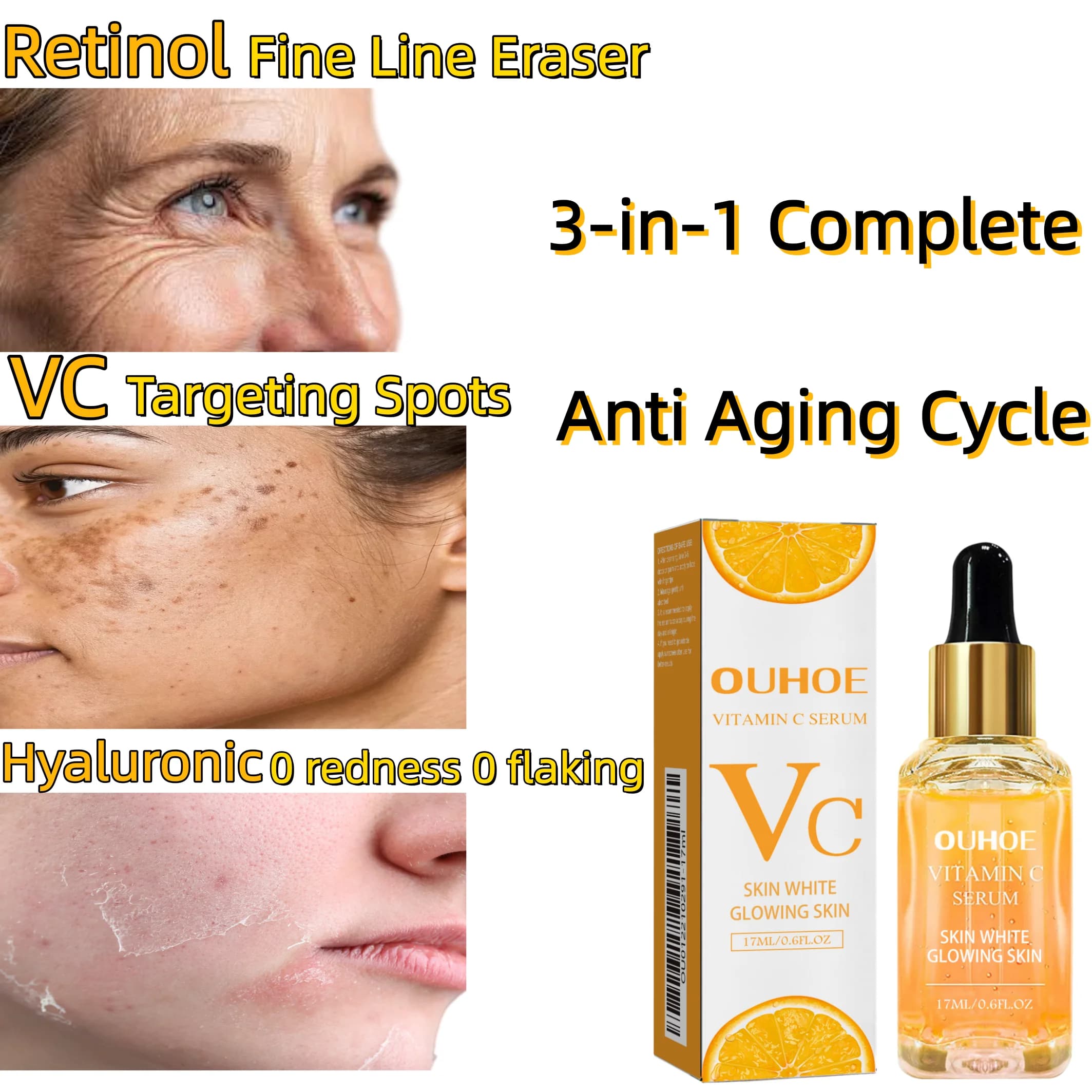 Vitamin C Retinol Serum,3-in-1 Complete Anti Aging Cycle,Retinol Wrinkle Eraser,Targets Stubborn Pigment Spots Precisely,Create Plump Dewy Luminous Skin,Instant Zero-Residue Penetration: No Pilling, No Stickiness,Vegan & Cruelty Free