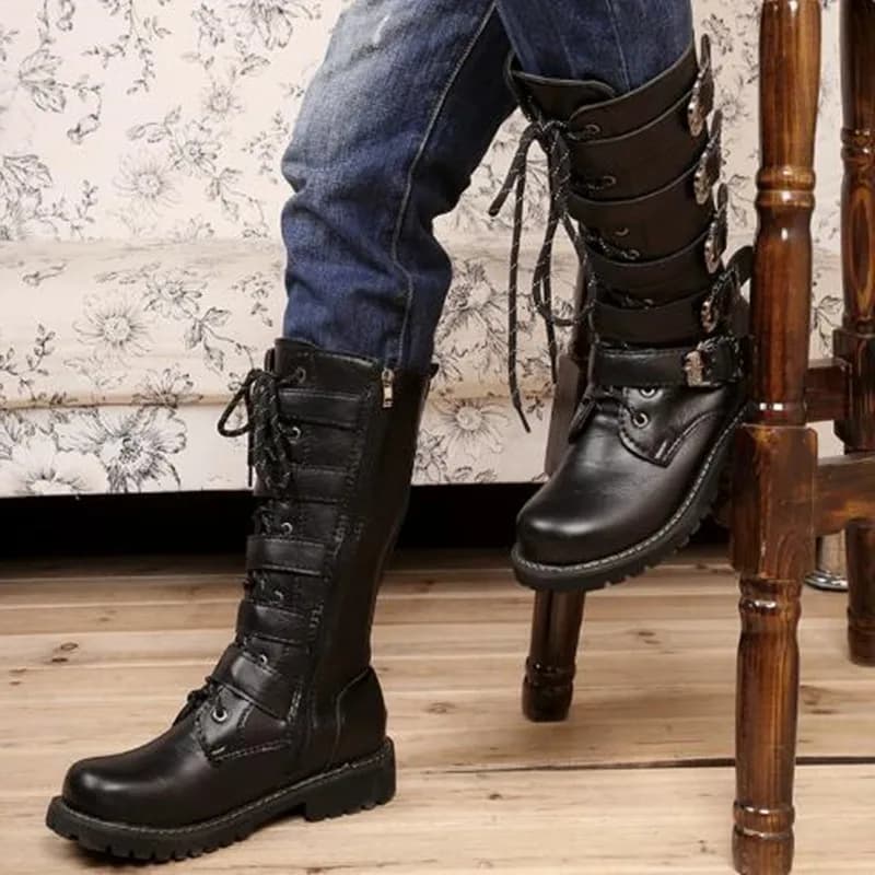 Nuovi Stivali da Uomo Punk Gothic Biker con Fibbia e Cerniera Laterale, Stivali da Equitazione per Cosplay, Costume, Performance, Comodi, Neri