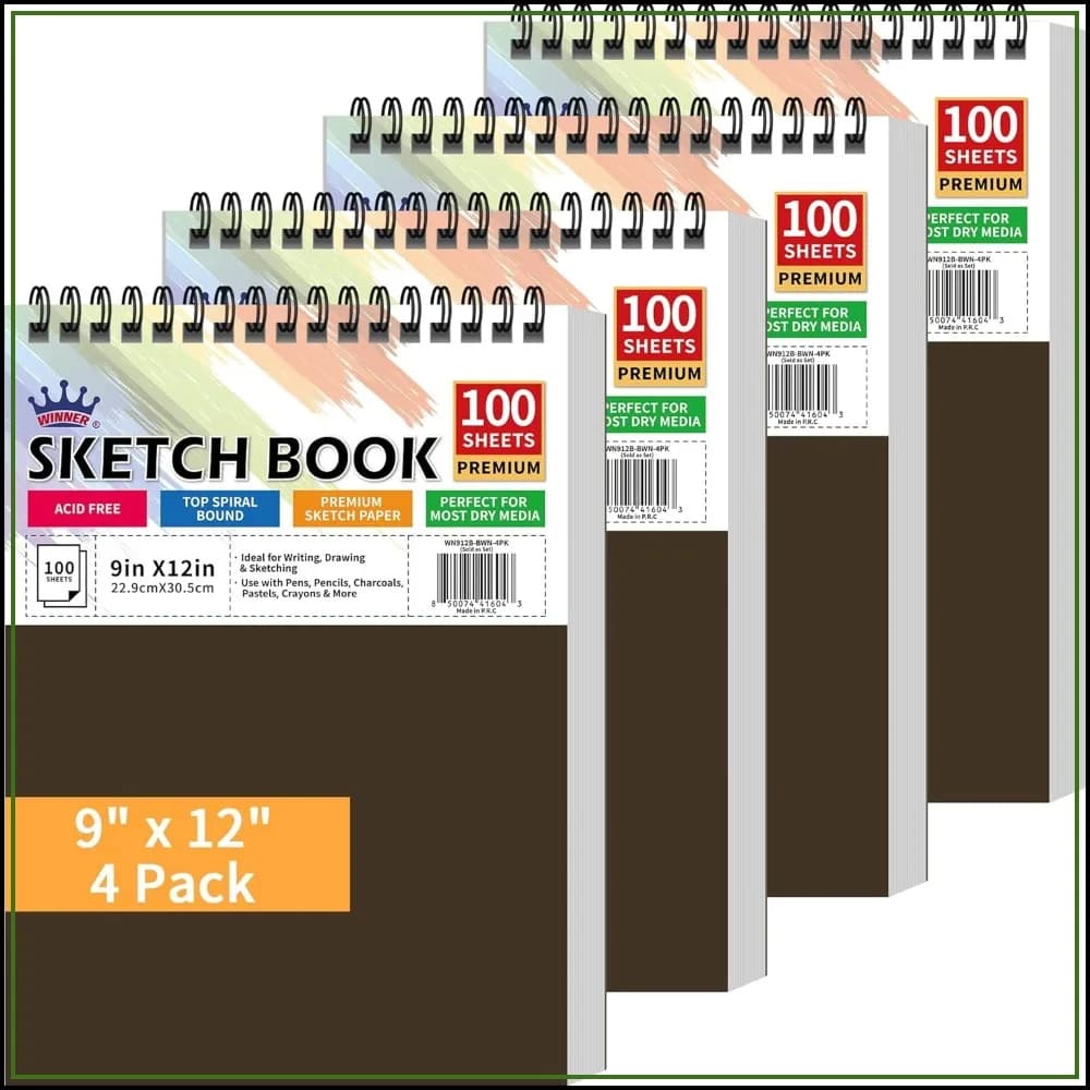 9x12 Sketch Book 4 Pack, 400 Sheets Spiral Bound Art Drawing Pad, 100gsm White Acid Free Paper for Kids Adults Artists