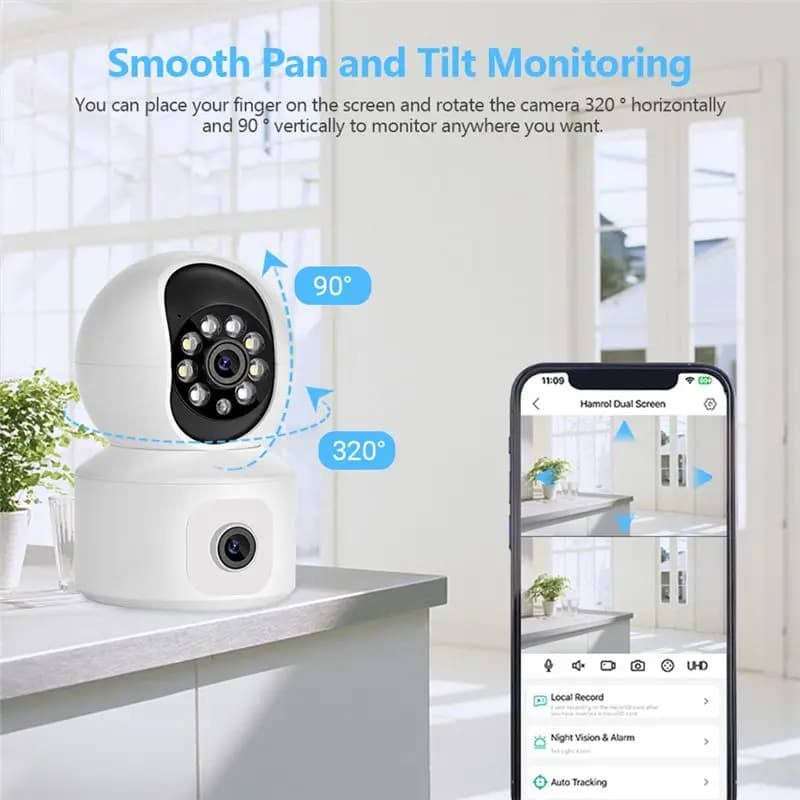 Clinch Telecamera WiFi da 4 MP Doppio schermo Rilevazione del movimento Audio bidirezionale Telecamera IP di sicurezza Mini PTZ da 4 MP per interni Baby Monitor Spina americana