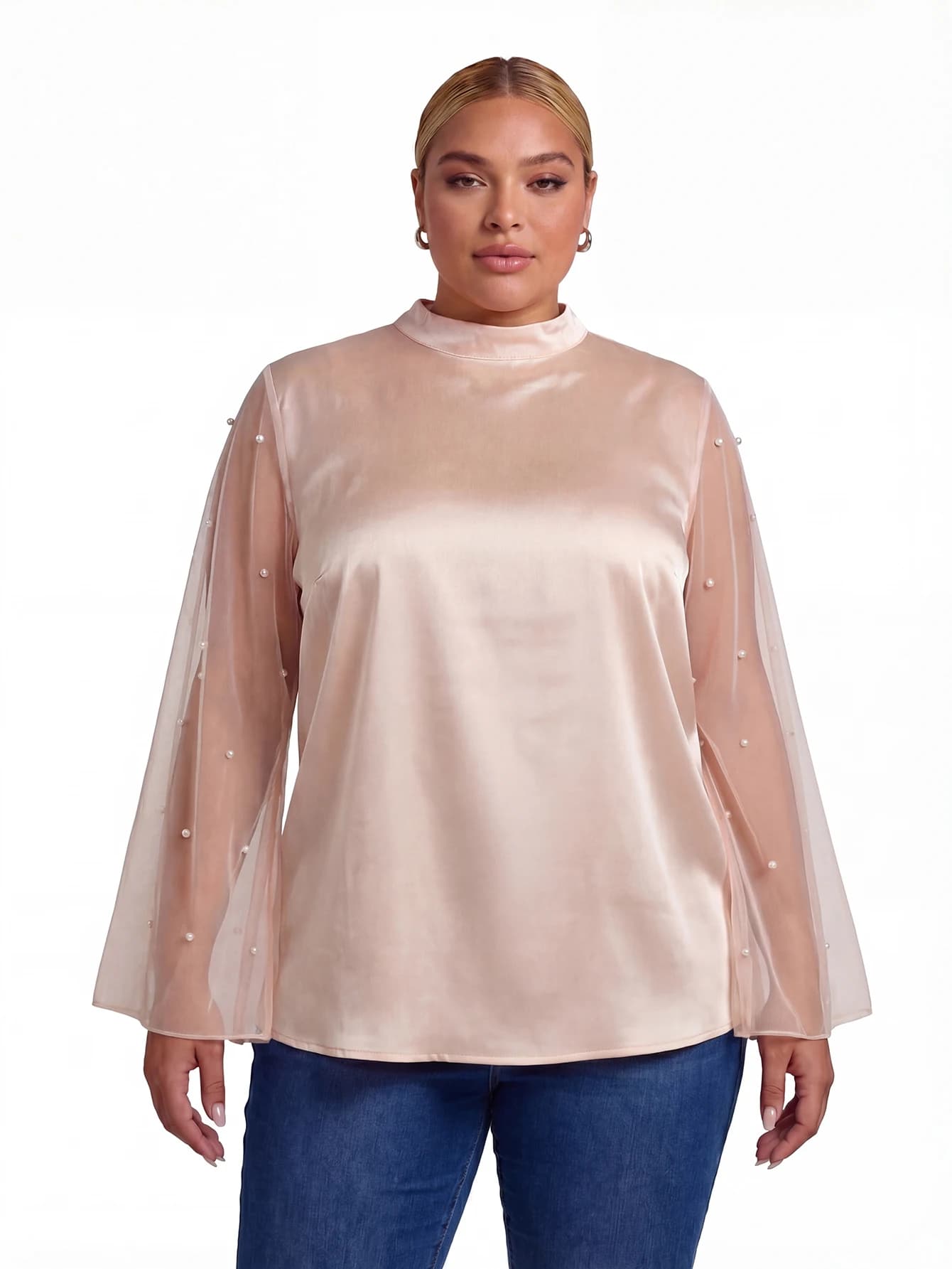Camicetta in Raso Rosa Cipria Taglie Forti da Donna con Rete Trasparente e Perle, Maniche Lunghe, Collo Alto, Elegante Top da Ufficio
