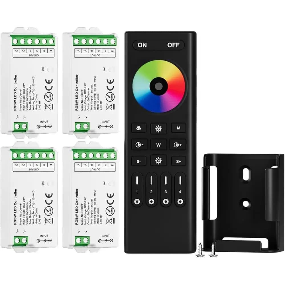 4-Zone Group Control RGBW LED Strip Controller Kit with 5pin Interface for 5050SMD COB, Compatible with DC5V/12V/24V