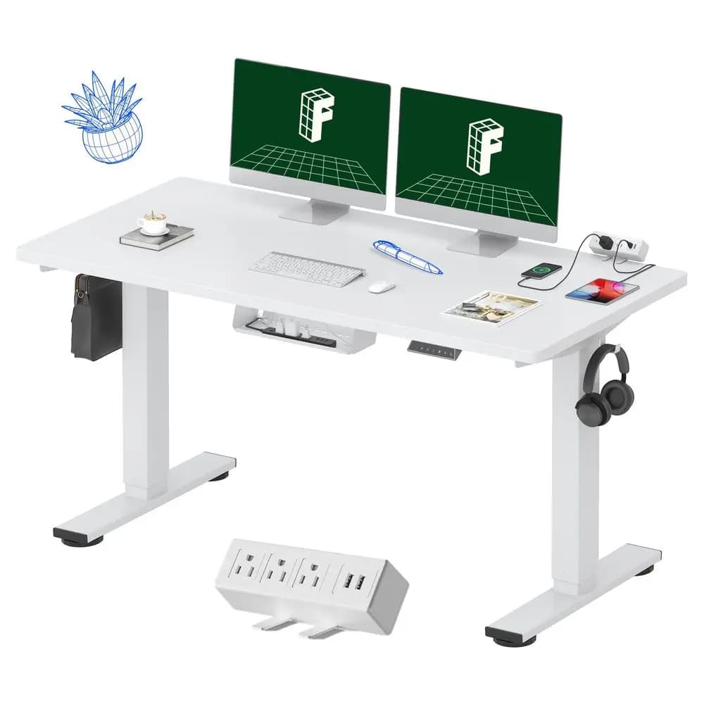 EN2 Scrivania Regolabile in Altezza con Morsetto e Presa Elettrica Integrata, 55 x 28, con Gestione Cavi, Bianca