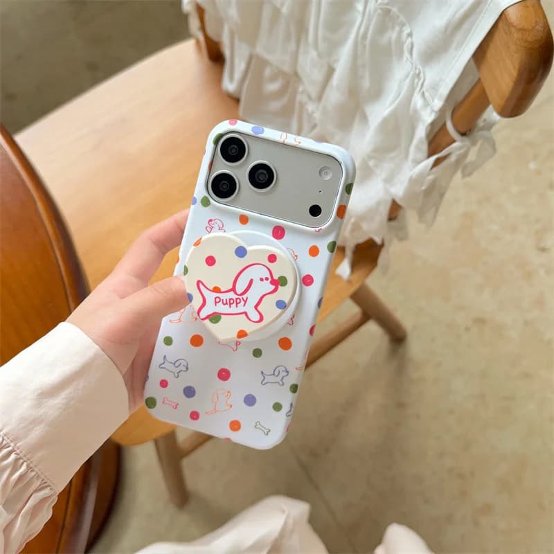 Custodia Magnetica Semplice a Pois con Cucciolo per iPhone 16 Pro 15 14 Pro Max 15 Promax, Cover Antiurto con Supporto MagSafe