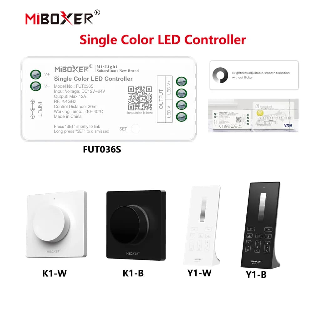 MiBoxer DC12~24V FUT036S+K1/Y1 2.4GHzRF Wireless Single Color 12A/Channel LED Controller For Single Color COB/Led Strip Light