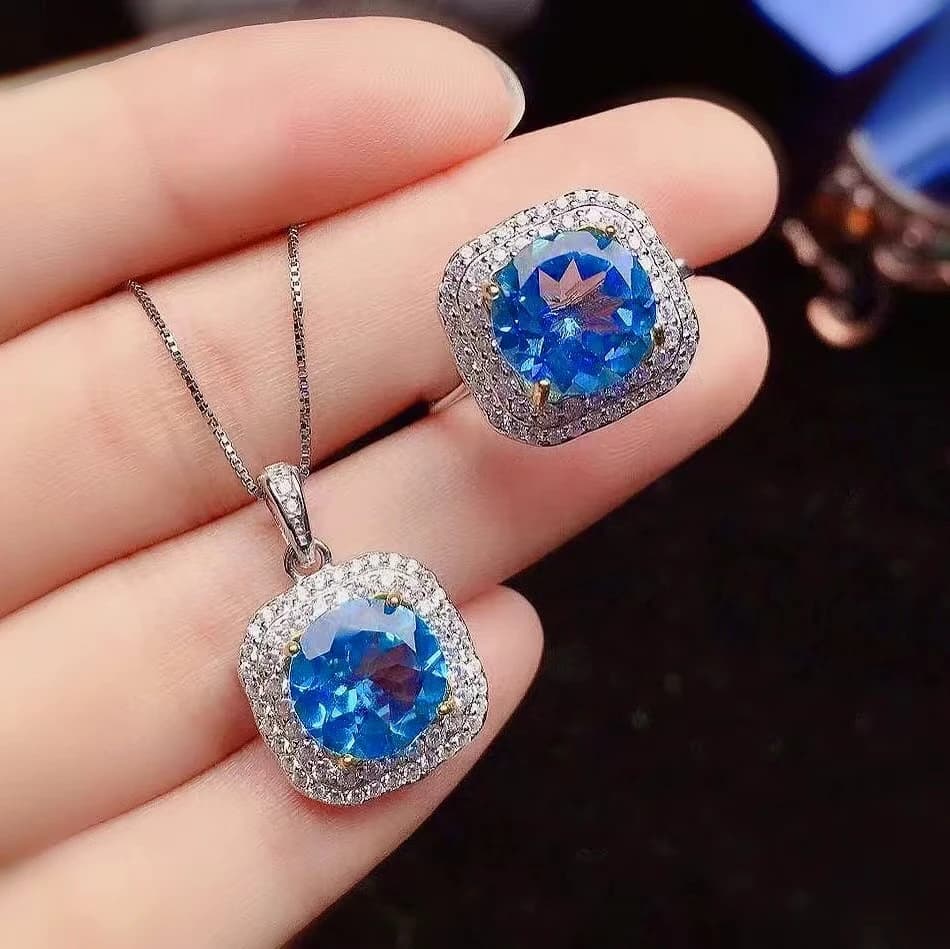 Set di gioielli con anello di topazio con ciondolo in topazio abbagliante per matrimonio Set di gioielli con topazio naturale da 10 mm Set di gioielli con pietre preziose in argento massiccio 925