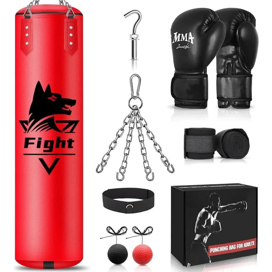4 Foot Hanging Boxing Bag for Adult Super PU Leather Boxing Training Equipment Heavy Bag with 12 OZ MMA Gloves Non-filled