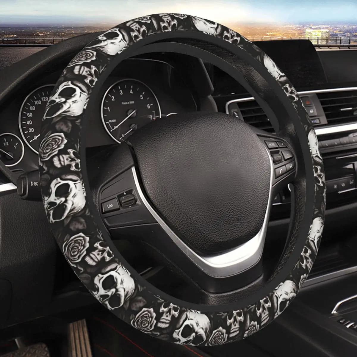 NUOVO coprivolante per auto Nessun cerchio interno Design teschio Protezione universale per volante Accessori automobilistici antiscivolo