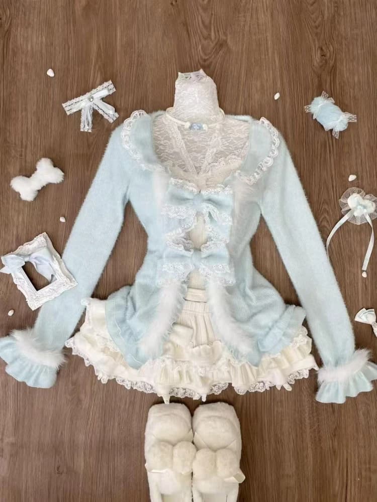 Giapponese Dolce Lolita 3 Pezzi Set Donne Cardigan con Fiocco in Pizzo + Gilet Sottile Chic + Gonne a Cale Increspate Nuova Moda Kawaii Harajuku Abiti