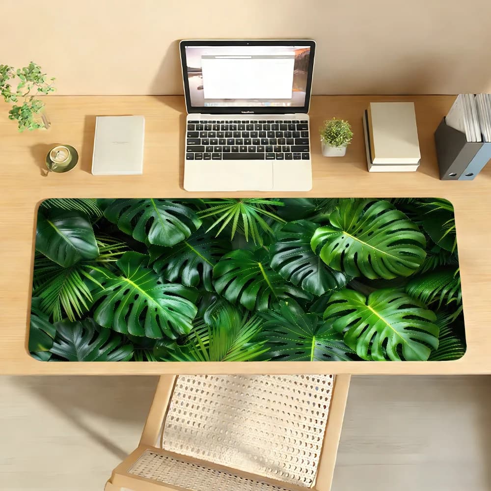 Tappetino per mouse con piante tropicali verdi, tappetino da scrivania con bordo antiscivolo, accessori per PC e laptop, tastiera da ufficio in gomma, per giocatori XXL