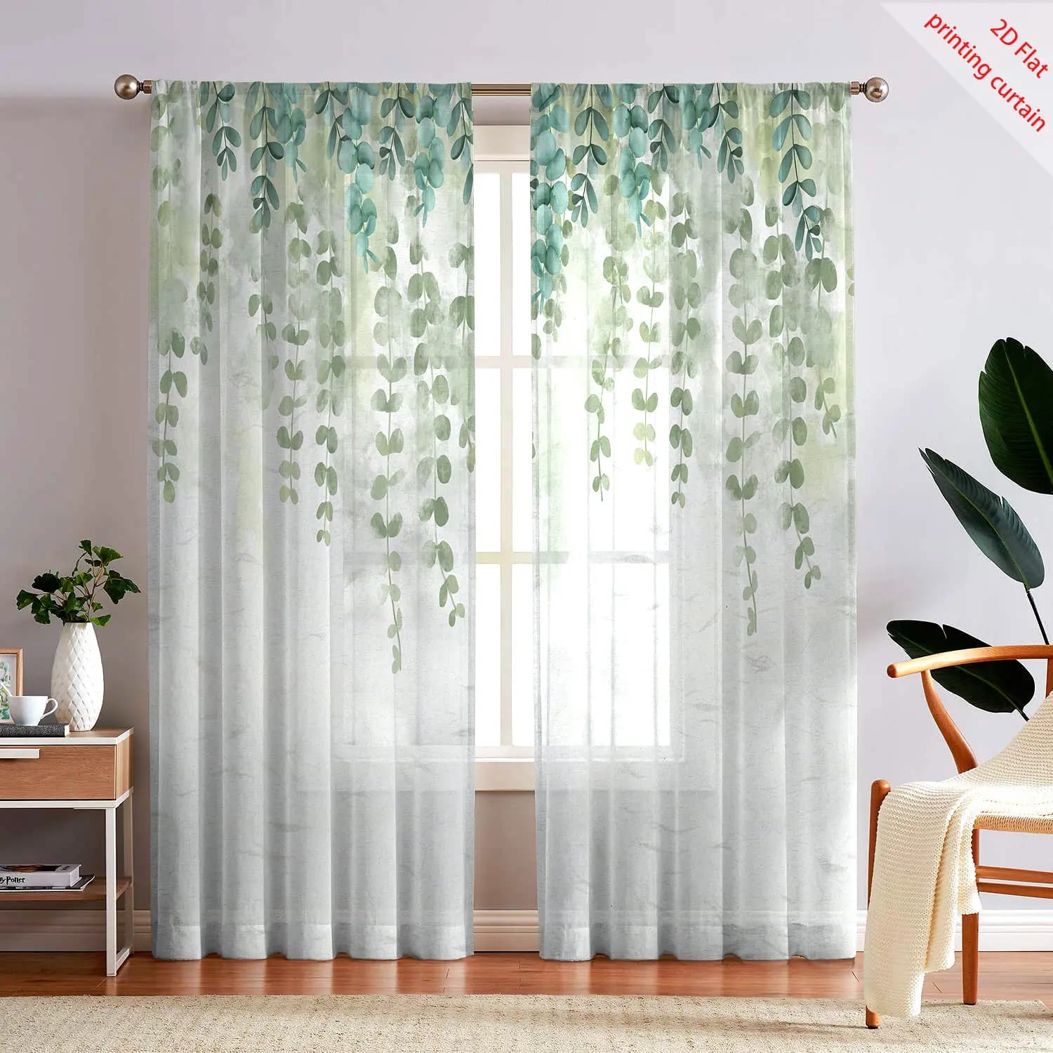 Tenda di garza trasparente stampata con motivi di piante, fiori e uccelli, adatta per la decorazione di finestre di casa, dormitorio, camera da letto