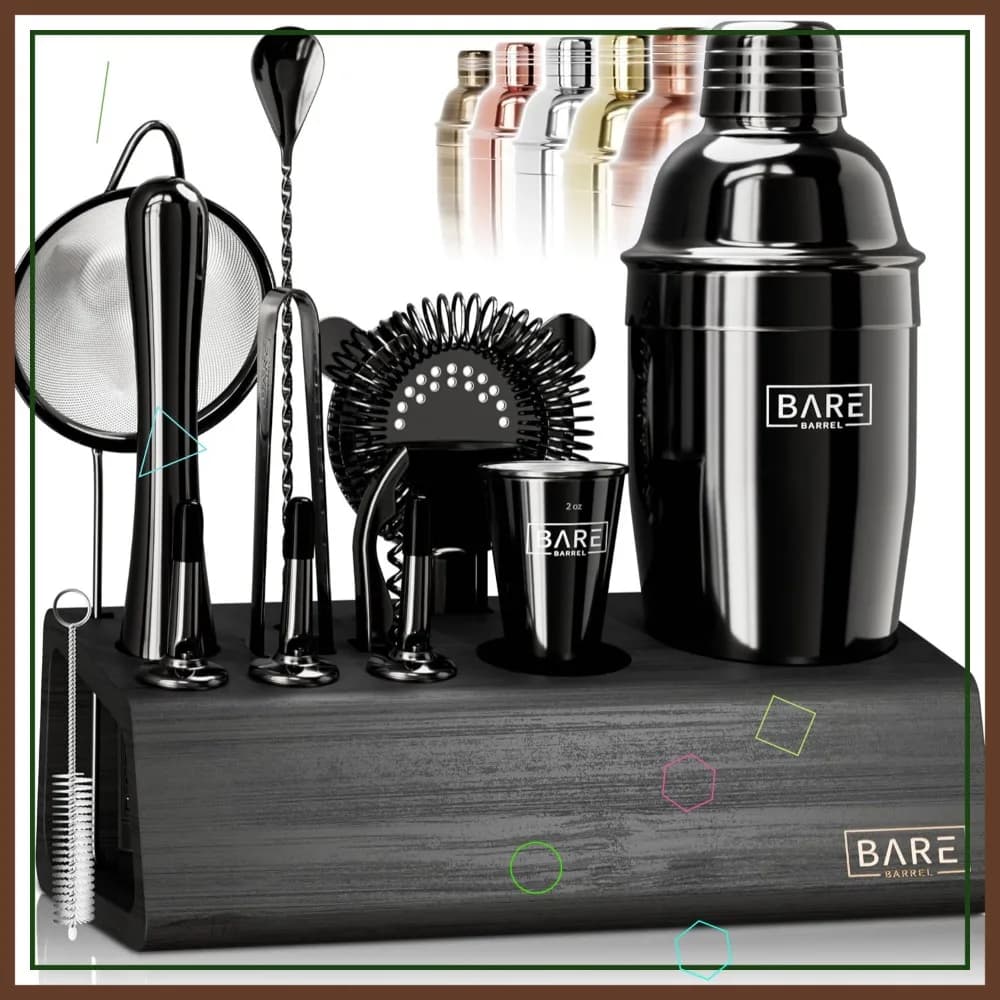 Set da Cocktail 14 Pezzi con 35 Ricette, Shaker Cobbler da 24oz in Nero Lucido per Barman Domestico