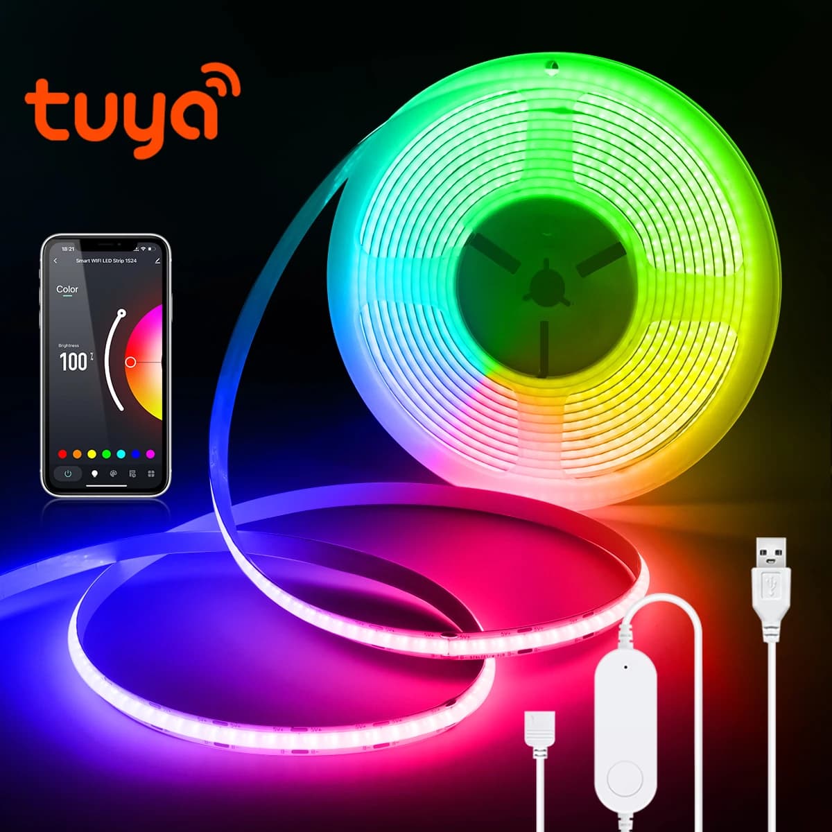 RGB COB LED Strip USB LED Lights for Room 576leds/m For APP Control Color Changing RGB Tape Lights