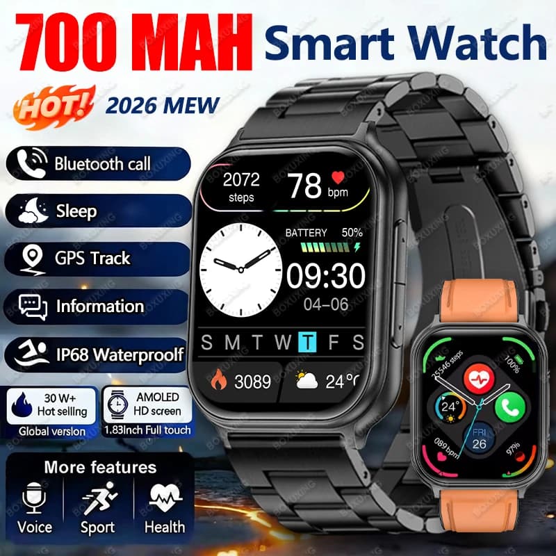 New BOXUXING Smartwatch Sporty Men's Sporty AMOLED HD Screen 1.83 Inch, Cardiaca Frequency Monitoring, IP68 Waterproof, GPS, Bluetooth Calls