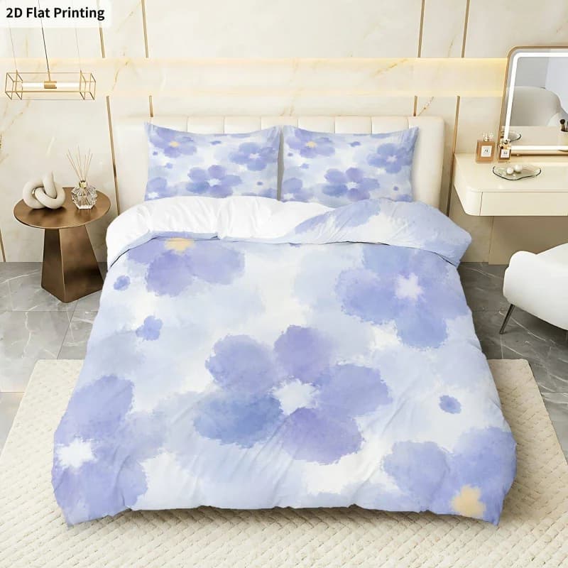 3PCS Duvet Cover, 1 Duvet Cover + 2 Pillowcases (Without Filler), Blue Floral Watercolor Theme