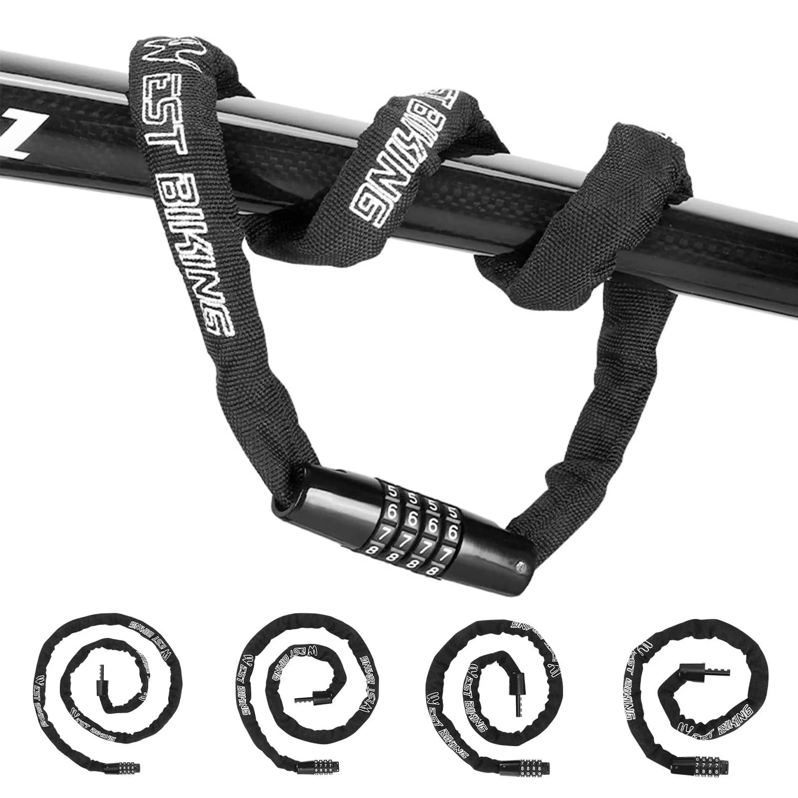 Lucchetto a catena per bicicletta 0.65/0.9/1.15/1.5m Password a 4 cifre Blocco di sicurezza antifurto Moto elettrica E-bike MTB Blocco bici da strada