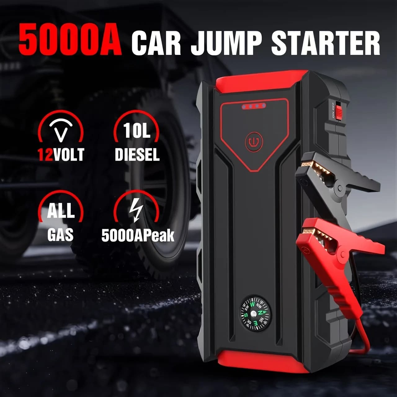 All-In-One Roadside Hero: Jump Starter for Car, 5000A Jump Starter with SOS Strobe Light, Emergency Window Breaker And Dual USB Quick Charge, DC Output 12V/8A