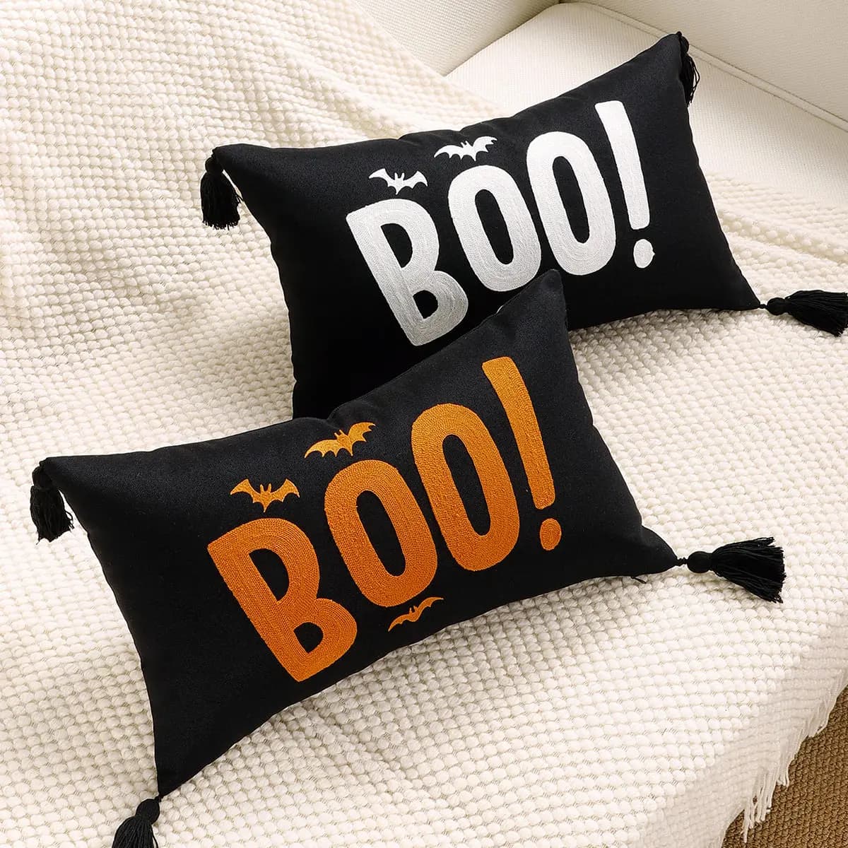 Comfortable Super Soft Halloween BOO Bat Embroidery Plush Backrest Pillow for Sofa Bed Sleeping Cushion
