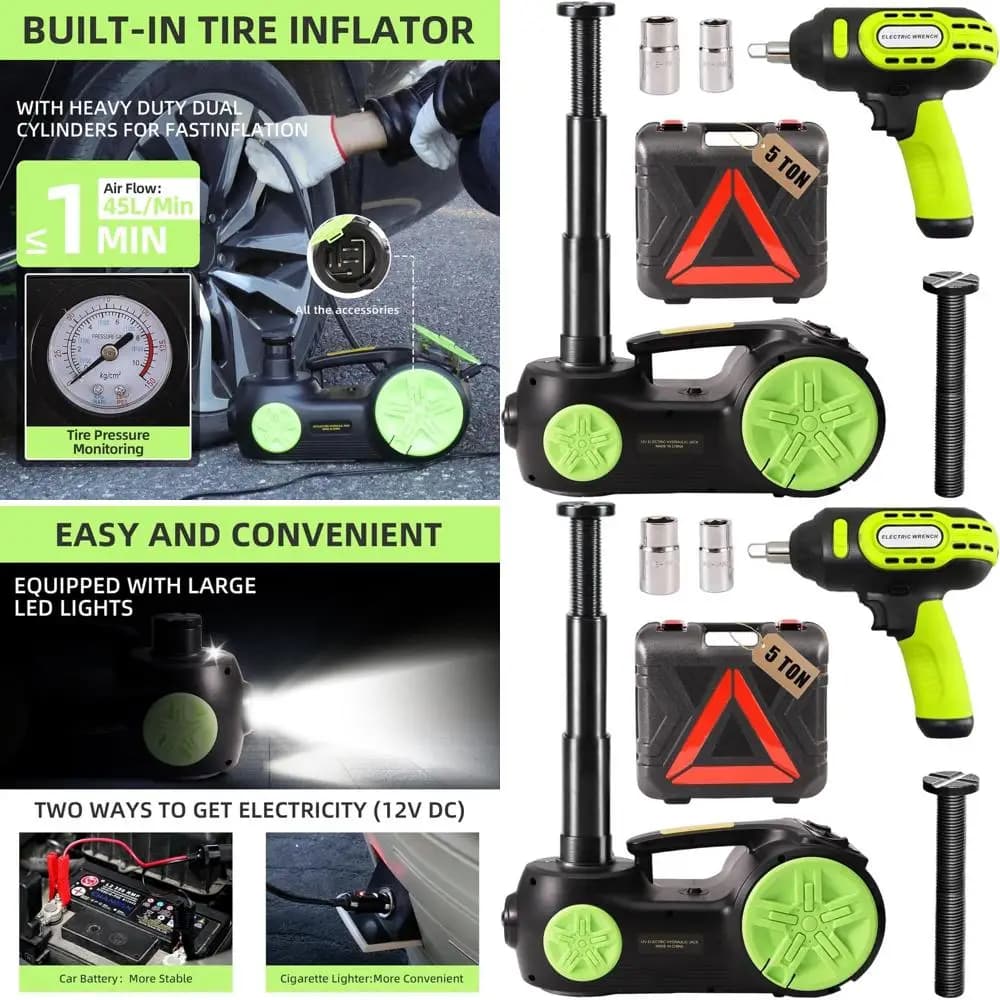 Kit martinetto idraulico elettrico portatile da 12 V a 5 tonnellate con avvitatore a percussione, gonfiatore di pneumatici e luce a LED per riparazioni su SUV, berline e camion