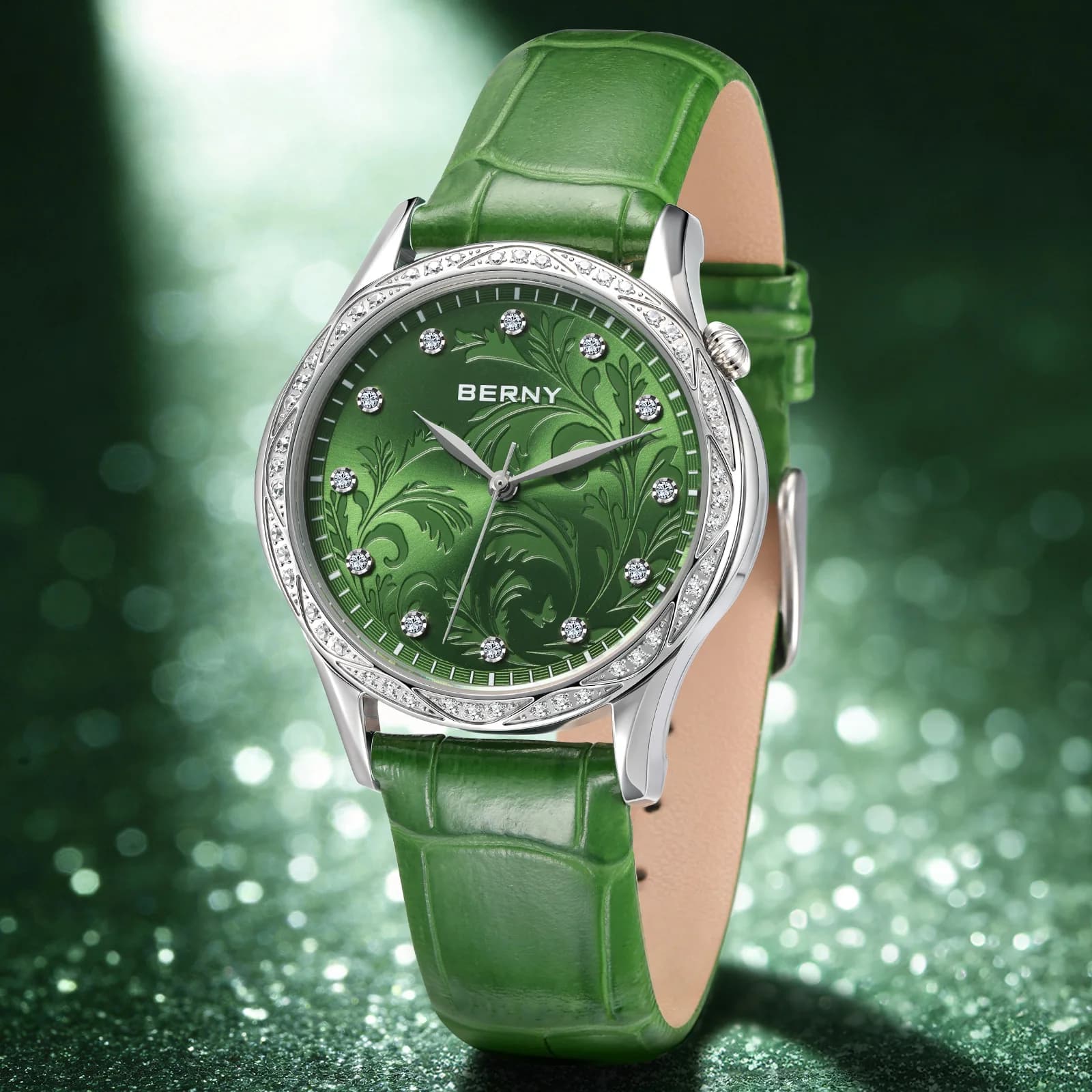 BERNY Orologio al quarzo da donna con quadrante verde a petali di acanto, cassa in oro con diamanti, cinturino in pelle, orologio da polso da donna elegante e di lusso