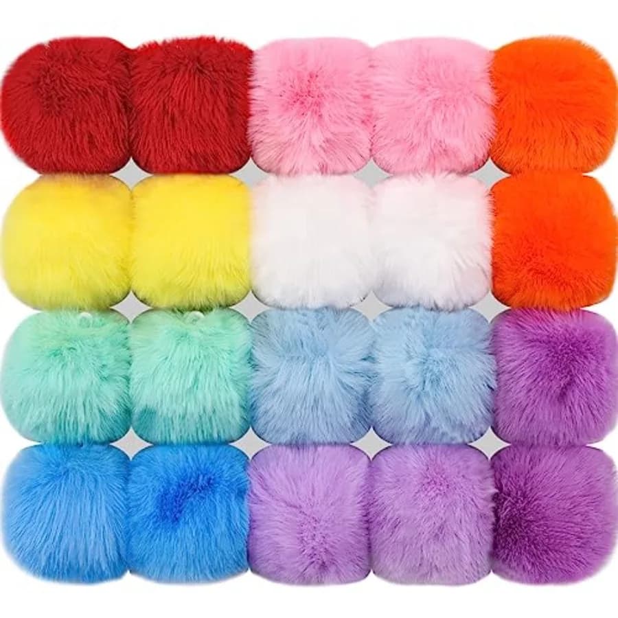 20 Pieces Faux Rabbit Fur Pom Pom Balls with Elastic Loop DIY Fluffy Pom Pom for Hats Beanie Shoes Scarves Gloves Bags Accessor