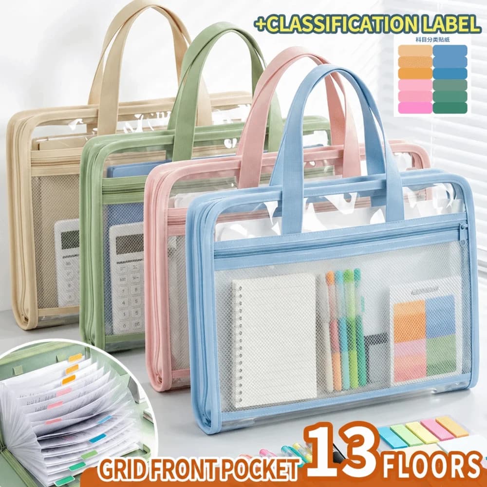 13 Pockets Expanding File Folder Transparent Handheld File Bag Large Capacity Waterproof Exam Papers Organizer School Office
