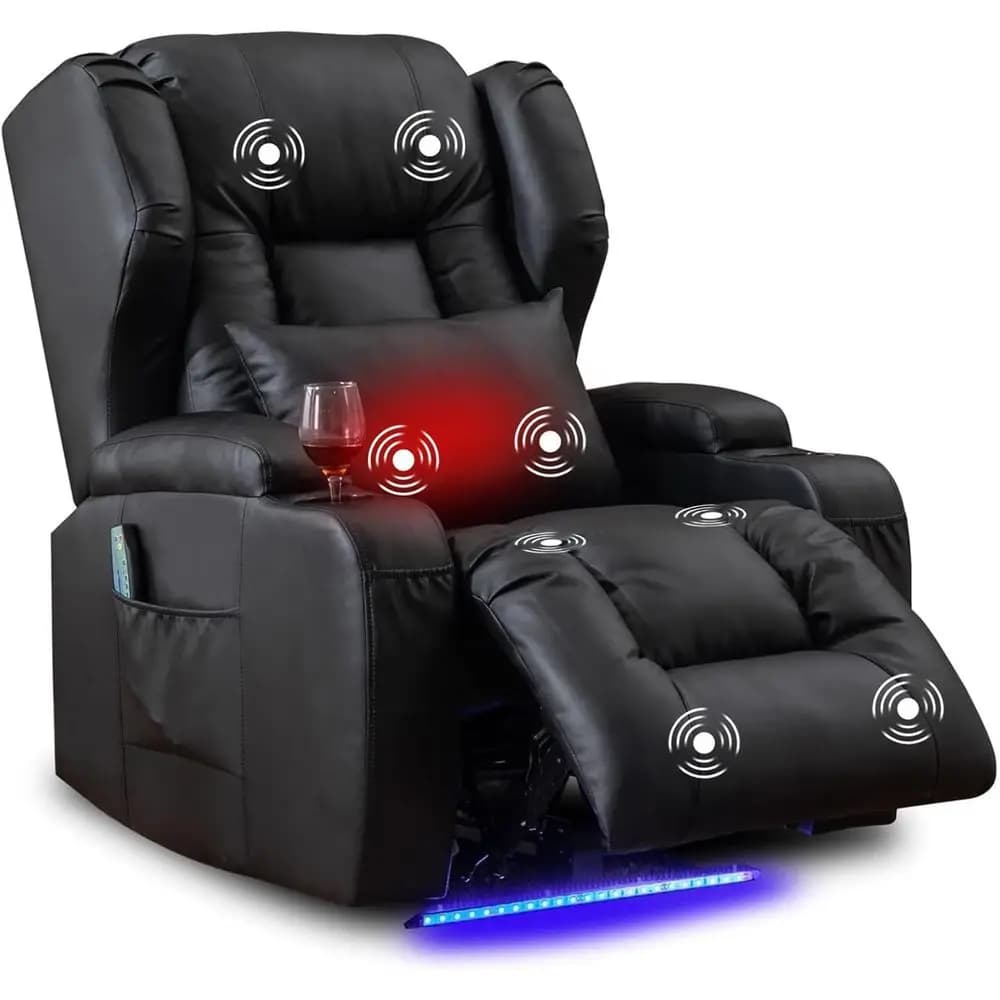Poltrona Reclinabile Massaggiante Riscaldata, Seduta LED per Home Theater, Divano Elettrico da Gaming con Letto, USB e Portabicchieri, Supporto Lombare