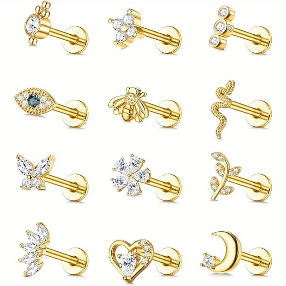 Drperfect Set di 12 Orecchini a Perno per Cartilagine da Donna in Acciaio Inossidabile con Chiusura a Vite Piatta, Gioielli per Piercing Naso, Helix, Trago