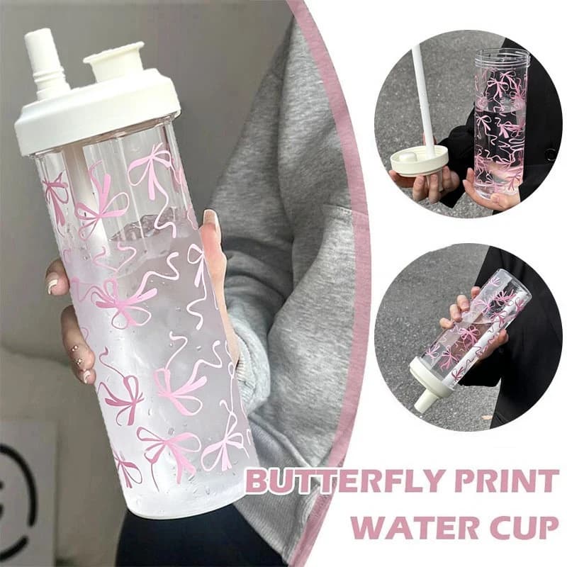 Leak-proof Water Cup 750ml Large Capacity Pink Bow Print Tumbler Water Bottle with Straw Lid Girly Attractive Drinking Cup