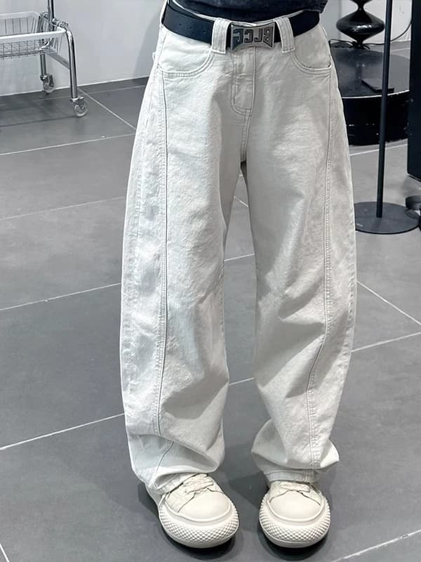 Jeans Bianchi da Uomo a Gamba Larga, Vita Alta, Taglio Dritto, Stile Workwear, Cleanfit, Bootcut, Pantaloni Utility per Primavera e Autunno