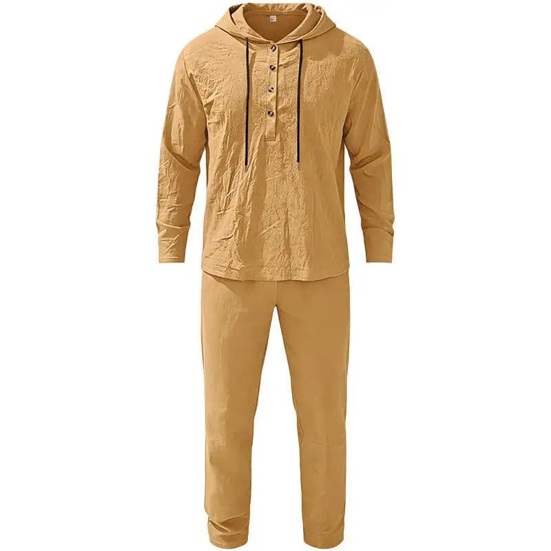 Men's Linen Hooded Long Sleeve Long Pants Set Pure Color Drawstring Casual Sportswear Spring Summer Fashion Trend