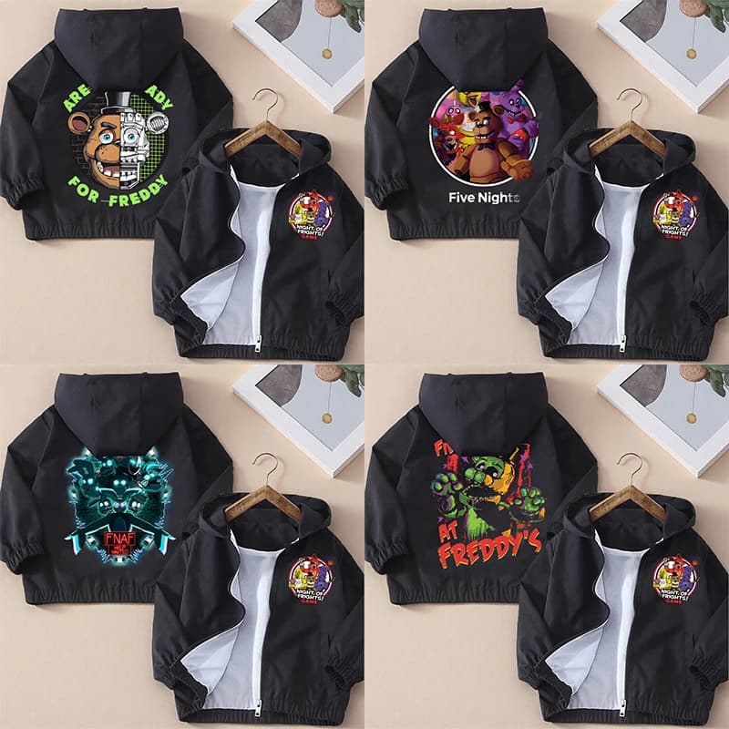 Five Nights At Freddys Felpe con cappuccio per bambini Cappotto FNAF Personaggio del gioco dei cartoni animati Top stampati Giacca impermeabile per bambini Abbigliamento autunnale per ragazzo