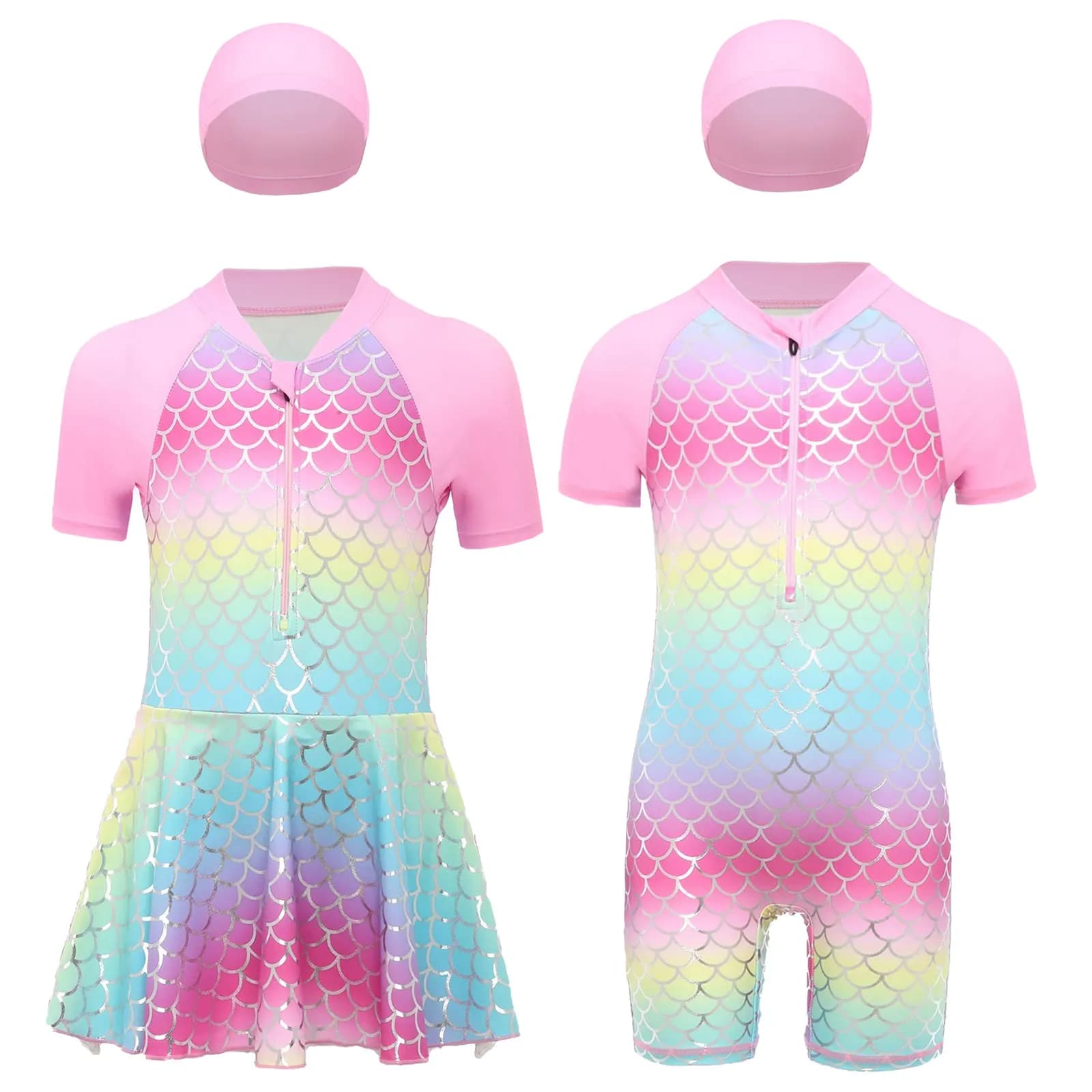 Girls Mermaid Swimsuit Short Sleeves Bodysuit Dress with Hat Glitter Gradient Fish Scales Print Swimwear Beach Sunscreen Suit