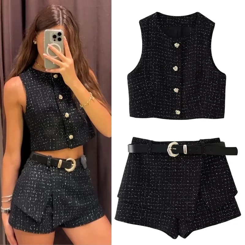 HXAO 2024 Donna Set corto Moda Donna 2024 Tweed Gilet Pantaloncini corti Abiti eleganti Set femminili Set corti Due pezzi Set
