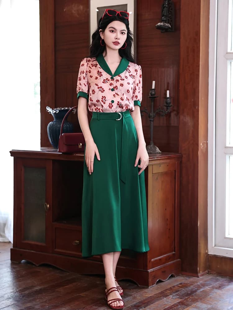 Forest Harbor Retro Print Blouse Top Half-length Slimming Skirt Set Color Block Turn-down Collar Women's Fashion Summer Outfit