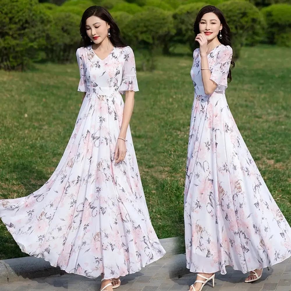Big Pendulum Floral Chiffon Dress Women's V-Neck Vacation Travel Photo Dress Large Size High Waist Thin Knee Dress Print