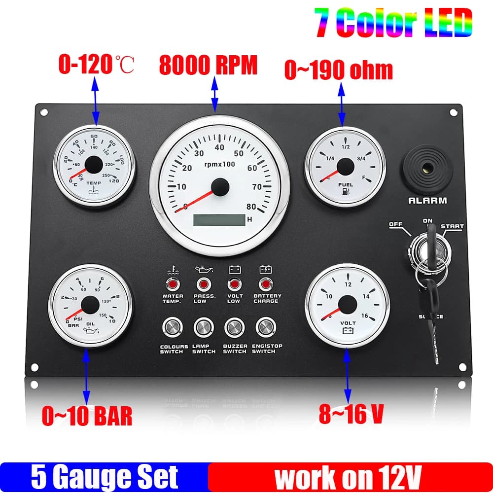 ZMFJH Boat Yacht 5 Gauge Set Instrument Panel 7 Color LED Tachometer+Water Temp Meter+Oil Pressure+Fuel Level Gauge+Voltage 12V