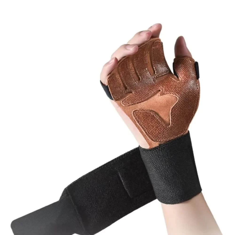 1 Paio di Guanti da Sollevamento Pesi in Pelle Bovina, Quattro Dita, Antiscivolo, Ventilati, con Polsiera per Palestra, Trazioni, Stacchi e Allenamento Fitness