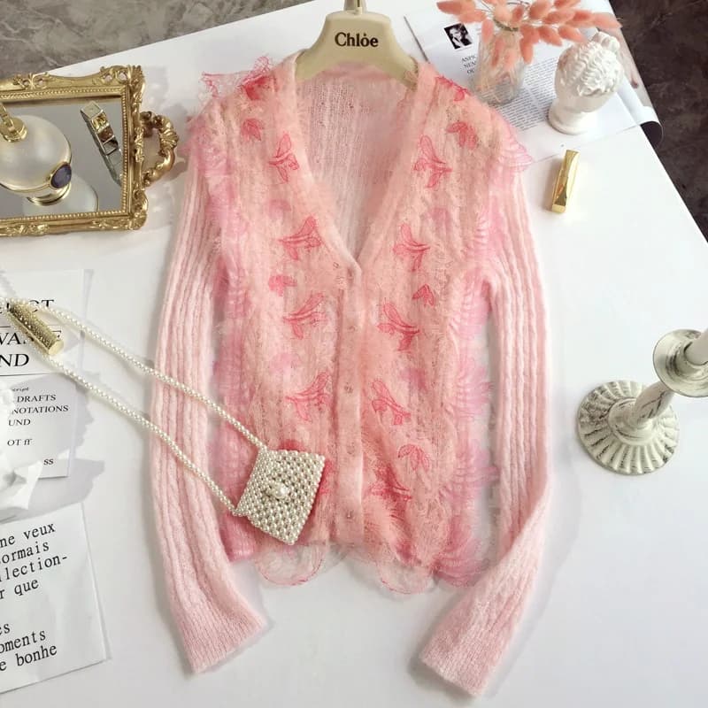 Spring Knitted Lace Trim Open Cardigan Women's Light Weight Mouton Jacket Sweet Style V-Neck Long Sleeve Short Length Slim Fit